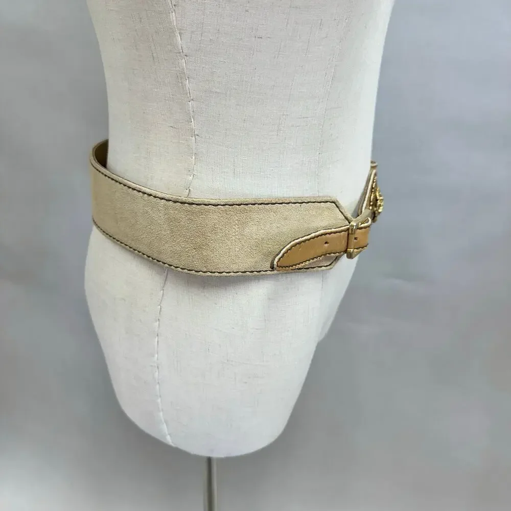 Vintage Suede Leather Waist Belt w/ Gold‎ Lion Medallion Statement Size Large